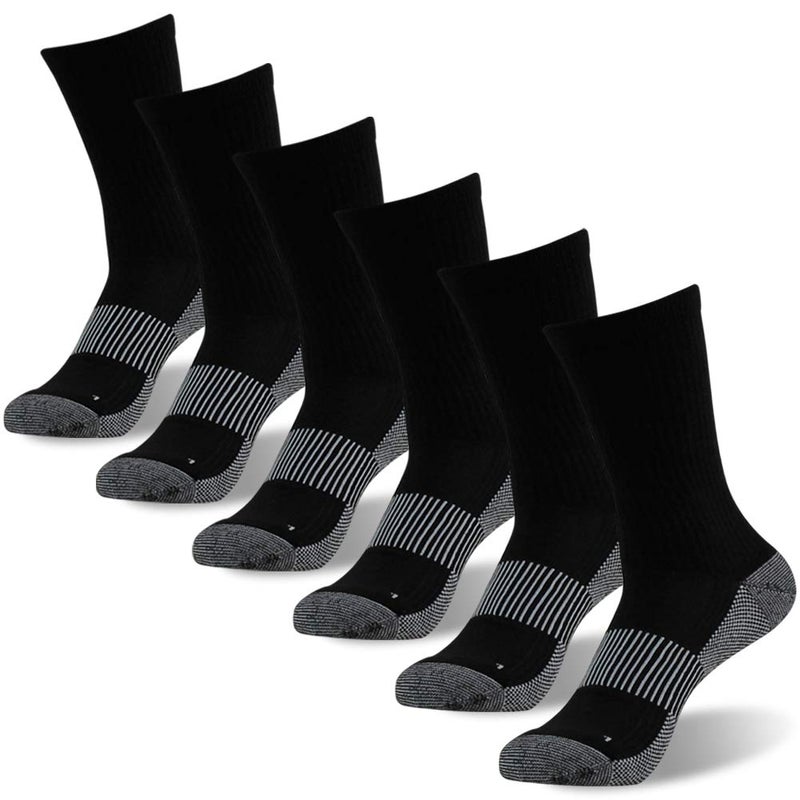 FOOTPLUS Copper Socks for Men, Women FOOTPLUS Mid Calf Arch Support Moisture Wicking Running Cross Cushioned Sole Anti Odor Hiking Camping Trekking Mountain Climbing Socks, 6 Pairs All Black Fit, Large - Image 1